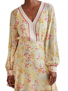 NWT Reiss Molly Floral Print Puff Sleeve Mini Dress in Pink/Yellow. Size 4